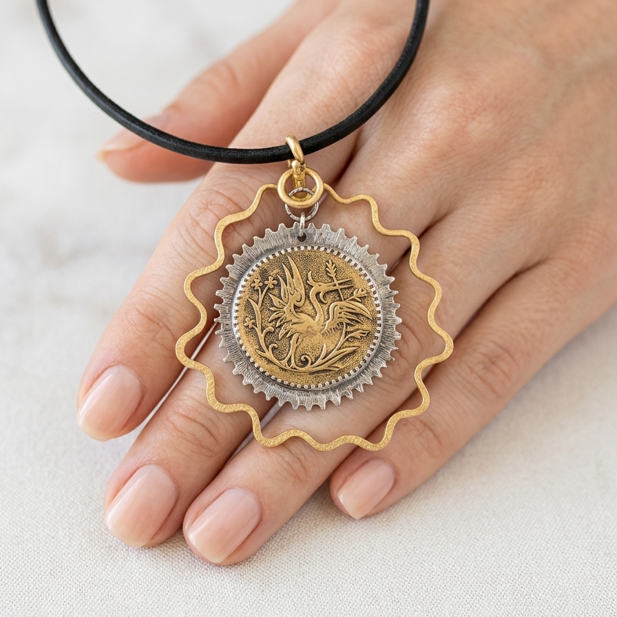 Antique Heron Bird Button Pendant