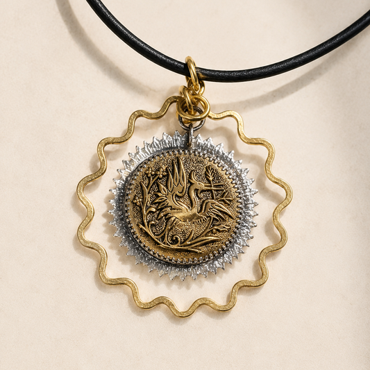 Gold pendant necklace on a beige background