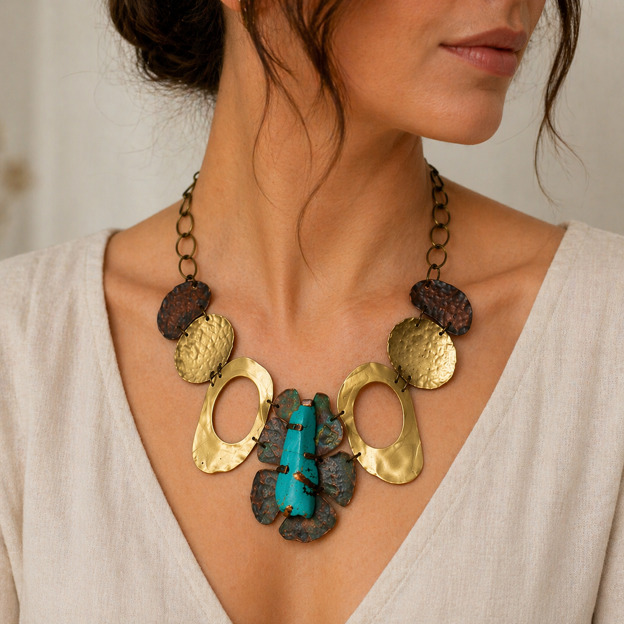 Mix Metal Necklace with Turquoise Magnesite .