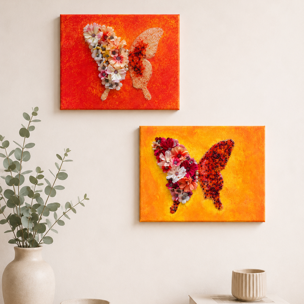 Two colorful butterfly paintings on a wall above a wooden shelf with decor items.