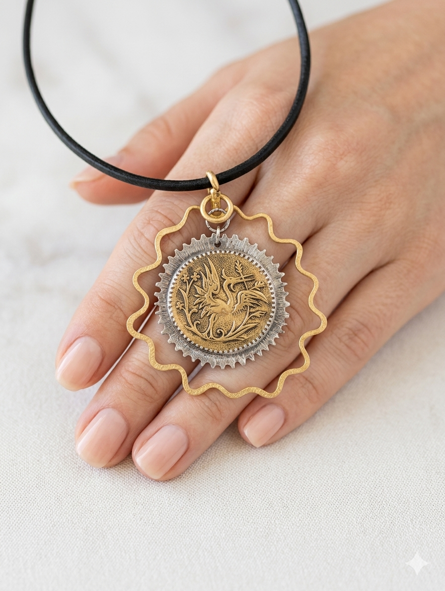 Antique Heron Bird Button Pendant