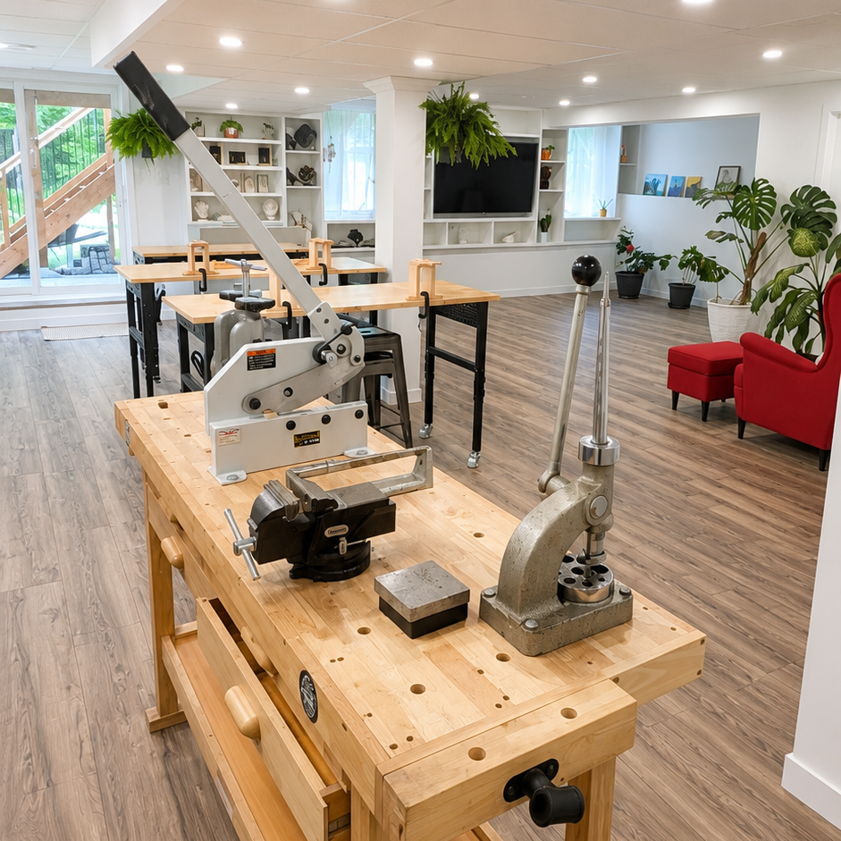 Woodworking bench with tools in a home workshop setting
