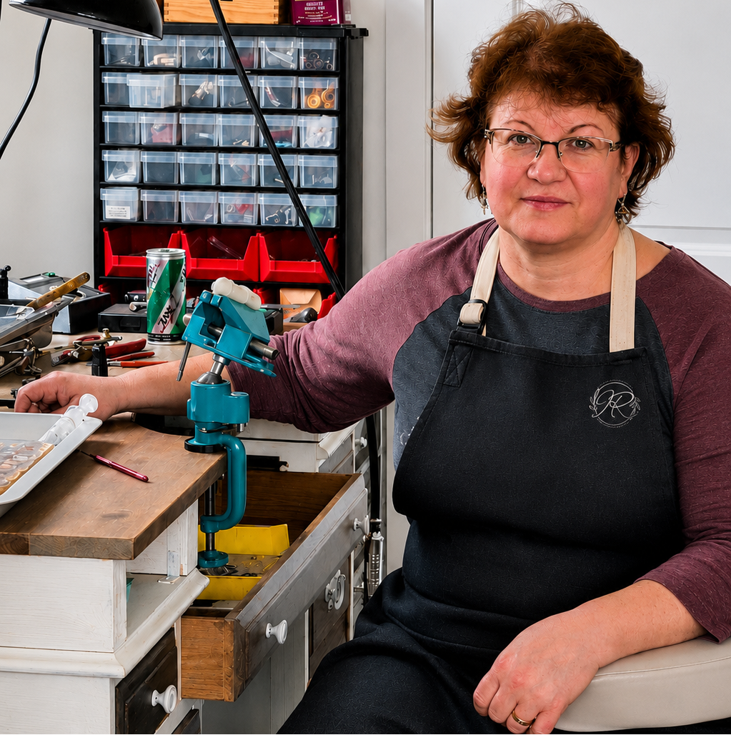 Person wearing an apron in a workshop setting with tools and materials.