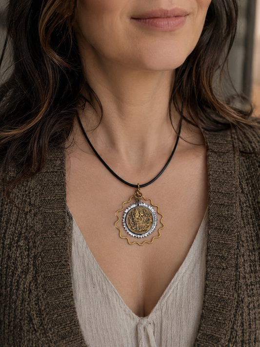 Boho necklace with vintage heron bird and blooming flowers button 